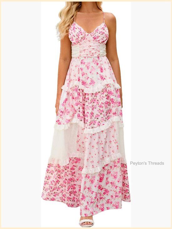 Dresses & Skirts - Boho Floral Maxi Dress Spaghetti Strap V-Neck Patchwork Flowy Summer Fall